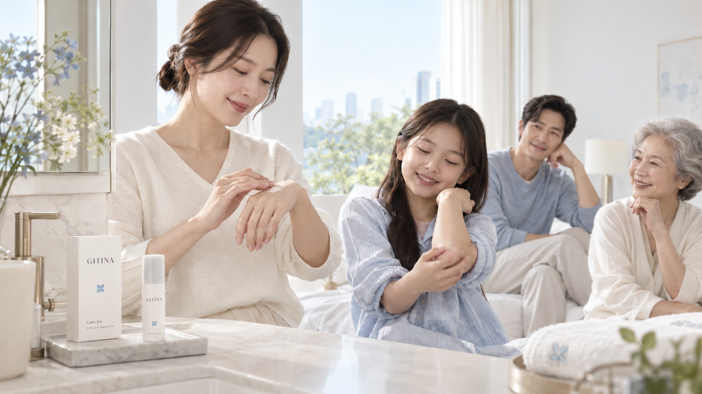 엄마와 딸이 GITINA 제품으로 팔꿈치를 케어하는 모습, 뒤에서 아빠와 할머니가 함께 바라보는 가족 장면
